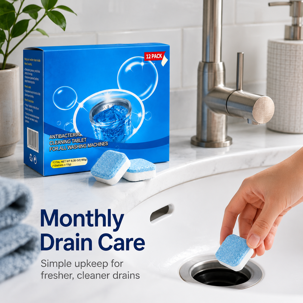 Drain Cleaning Tablets 12 Pack For Sinks, Showers & Washing Machines