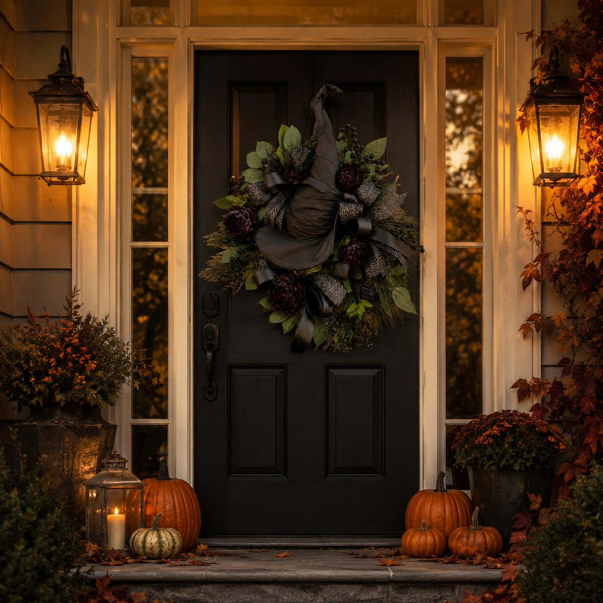 Premium Gothic Black Rose Witch Hat Wreath – Haunting Elegant Halloween Front Door Statement Decor