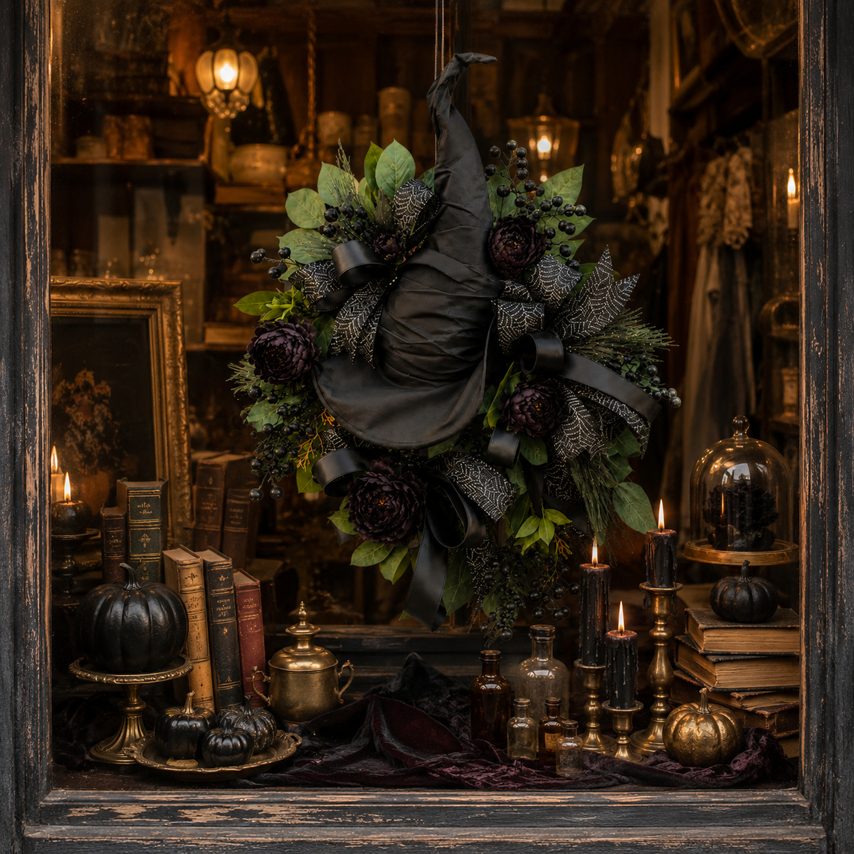 Premium Gothic Black Rose Witch Hat Wreath – Haunting Elegant Halloween Front Door Statement Decor
