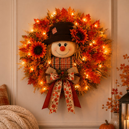 Fall Favorite – Lighted Scarecrow Front Door Wreath