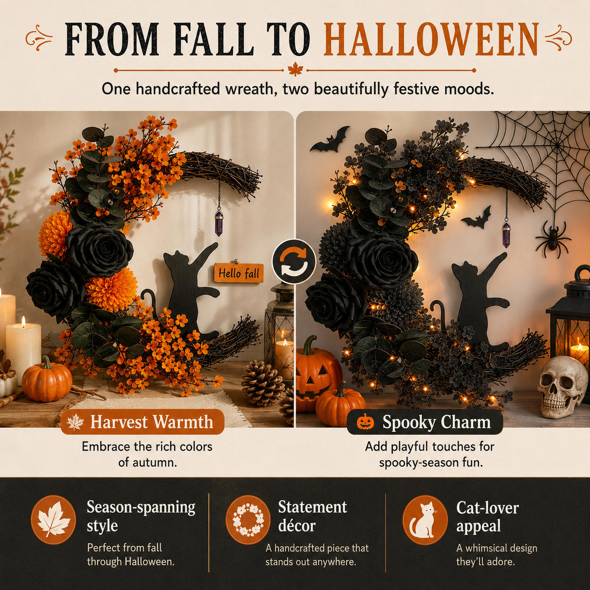 Handmade Halloween Cat Wreath