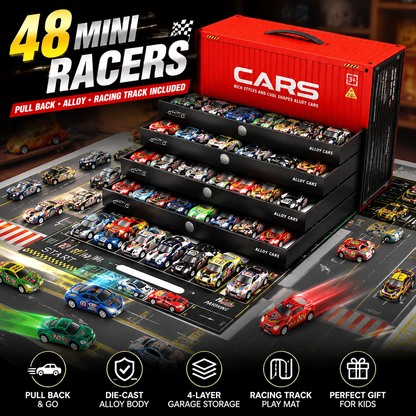 Last Day 50% OFF! 48PCS Pull-Back Alloy Racing Car Set | 4-Layer Garage Storage & Racing Track Play Mat