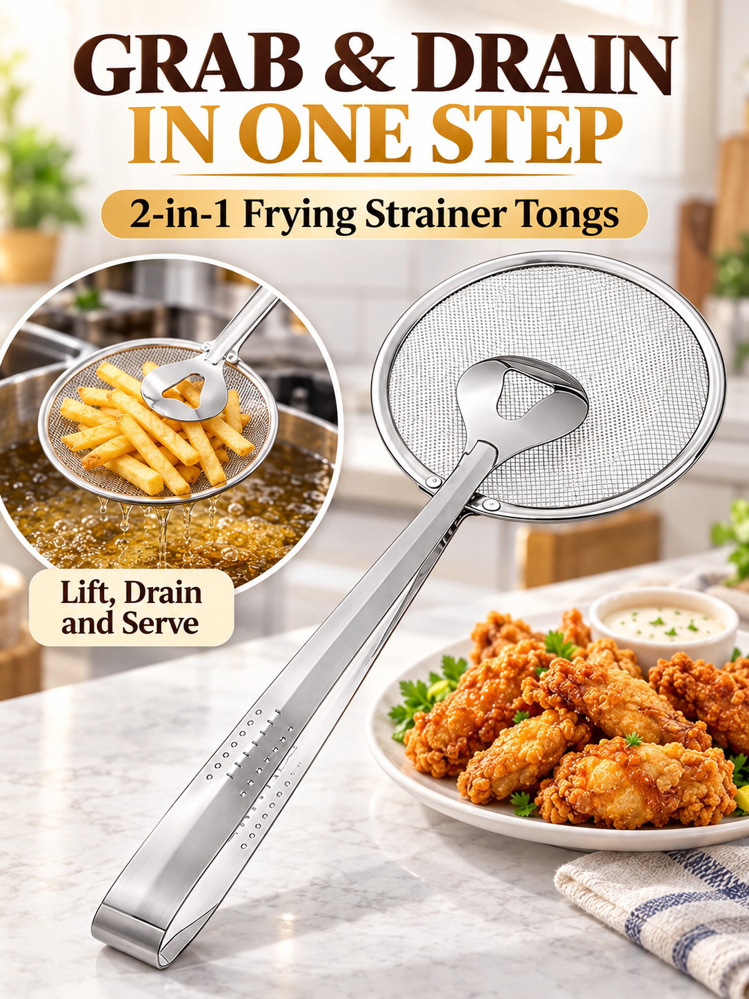 Kitchen Deal – 2-in-1 Frying Strainer Tongs
