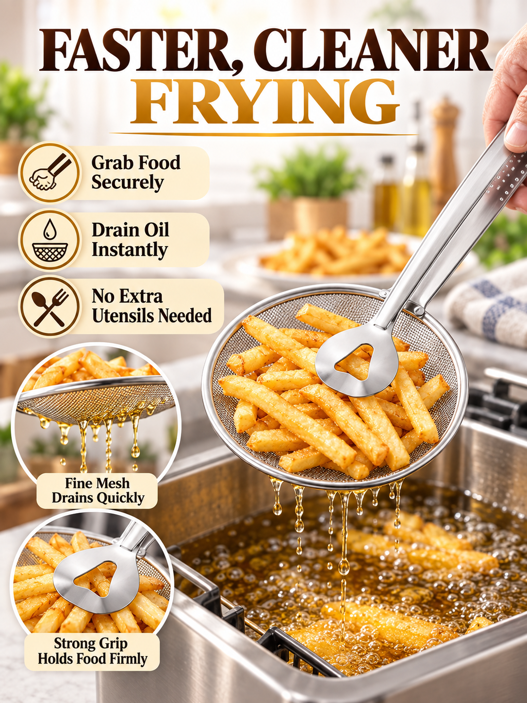 Kitchen Deal – 2-in-1 Frying Strainer Tongs