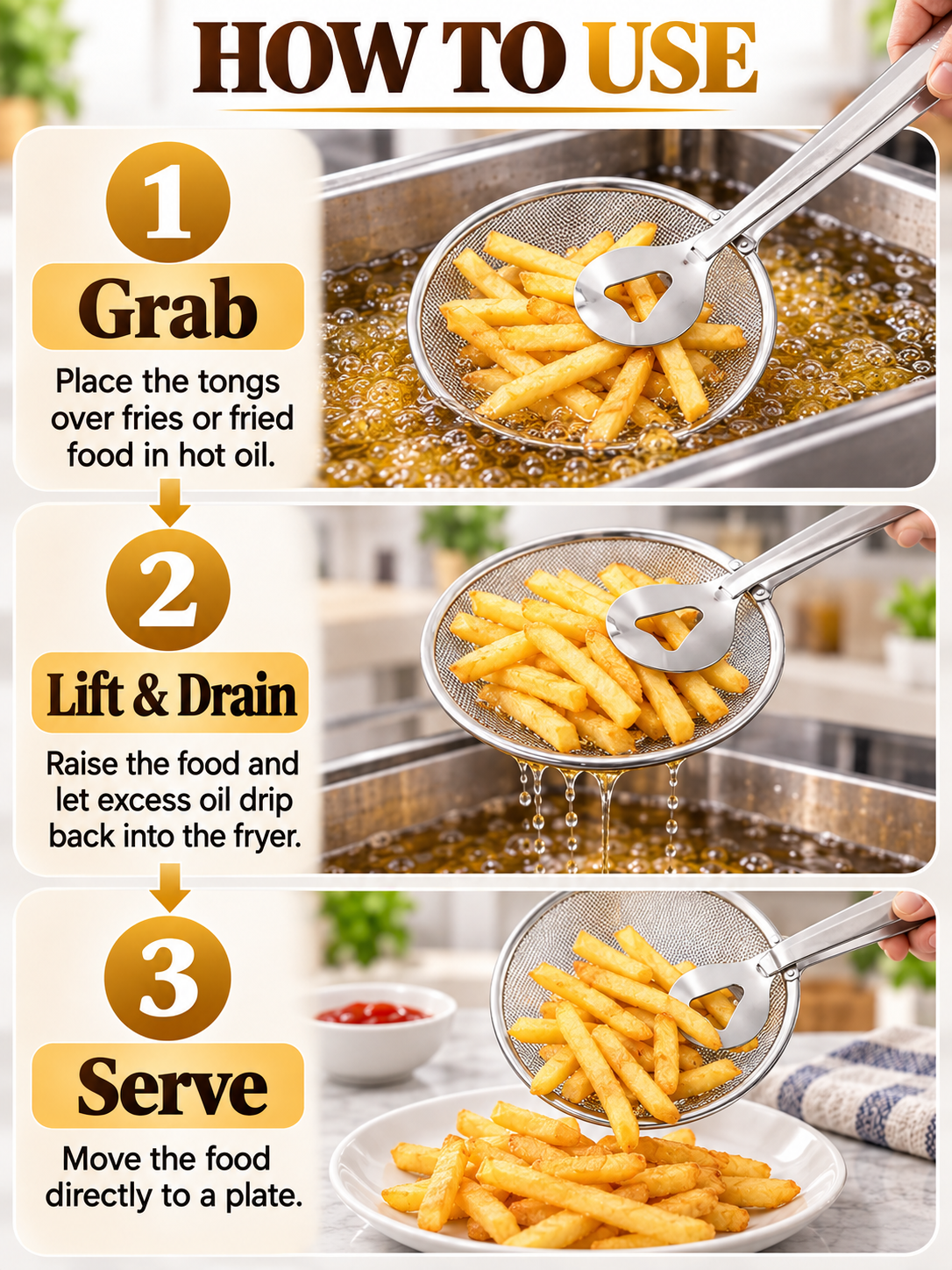 Kitchen Deal – 2-in-1 Frying Strainer Tongs
