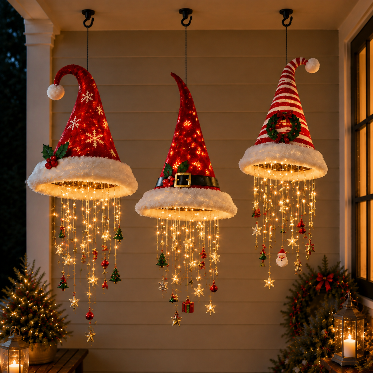 Lighted Santa Hat Hanging Chandelier LED Christmas String Light Decor Gift