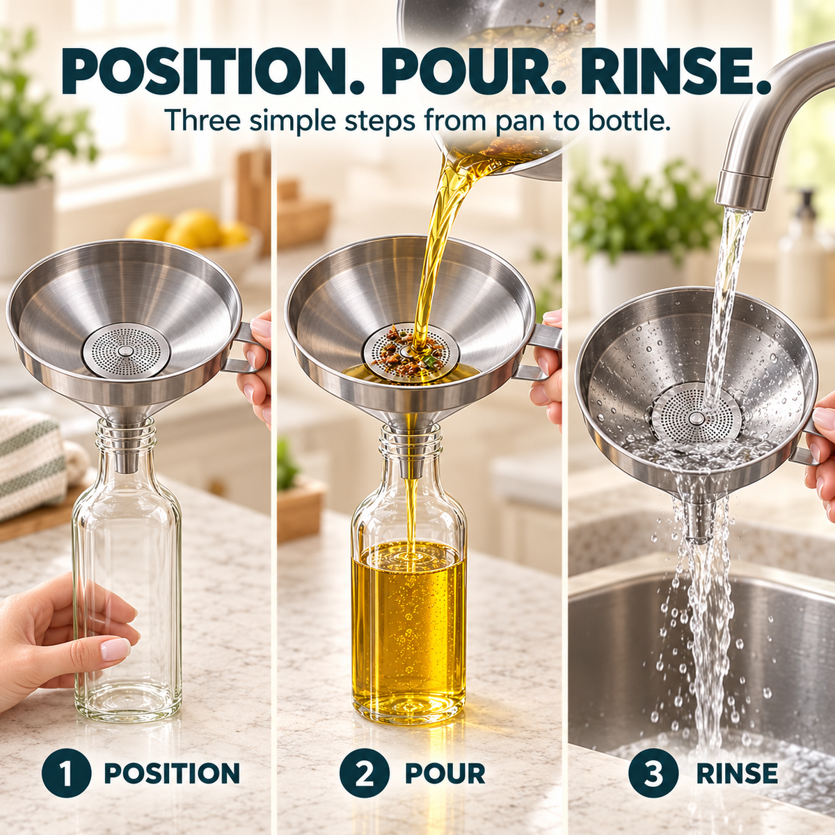 Pour, Strain & Transfer Without the Mess – Stainless Steel Kitchen Funnel