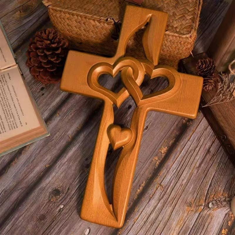 100% Hand-Carved Intertwined Hearts Walnut Wooden Cross