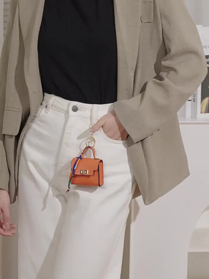 Mini Square Bag Pendant Keychain - High Quality Leather with Colorful Strap