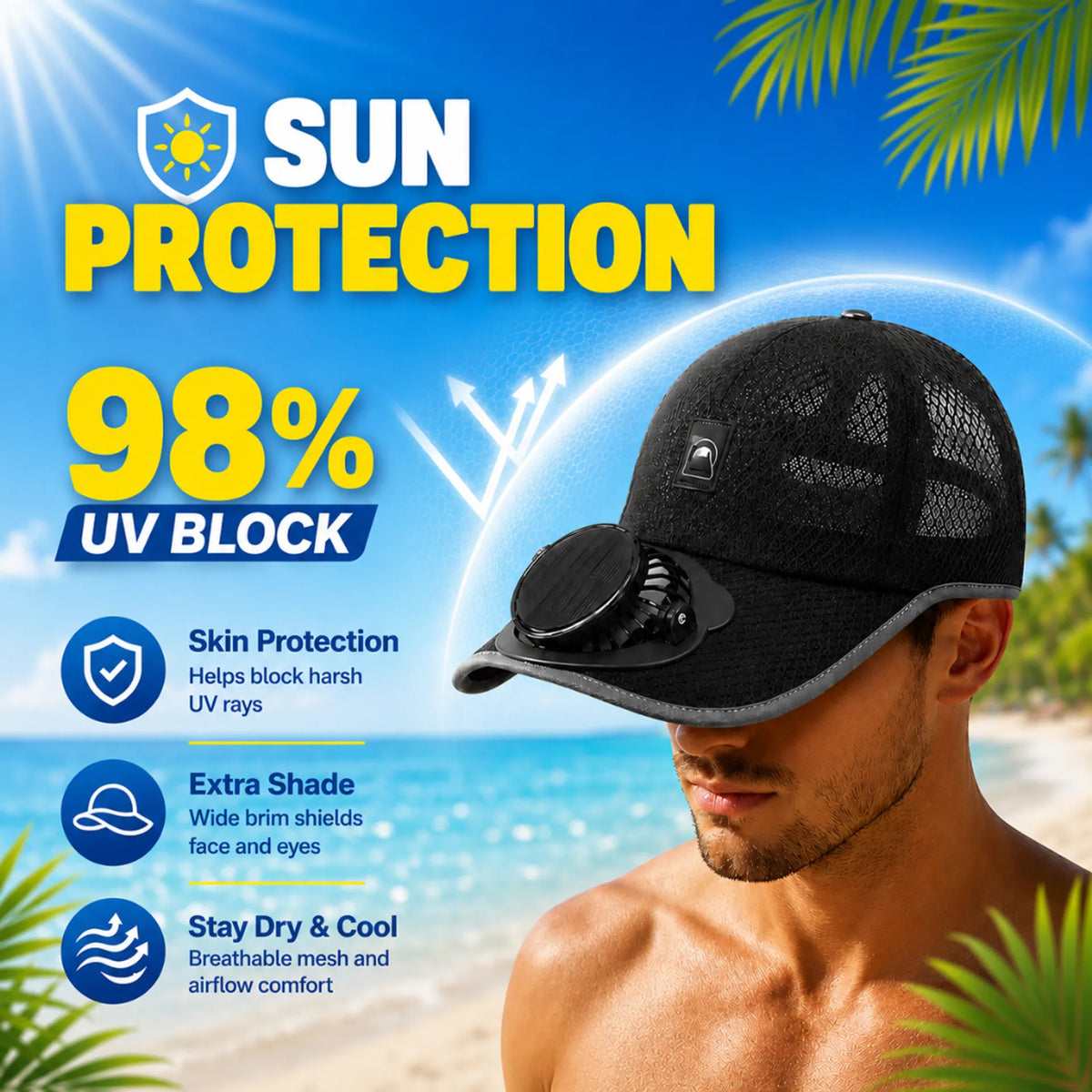 Cooling Solar Fan Hat – UV Protection & Breathable Mesh