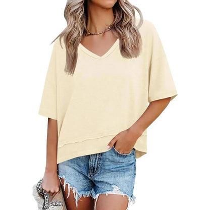 Women's V-neck Mid-length Sleeve Spliced Hem Basic Top