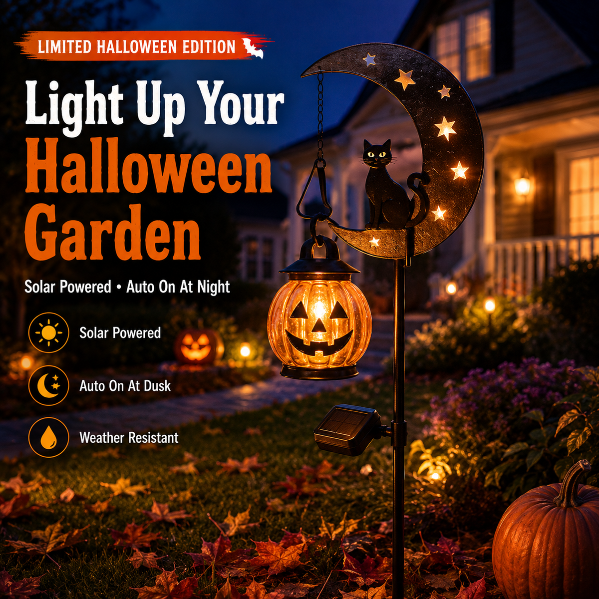 Solar Black Cat & Pumpkin Moon Stake Light