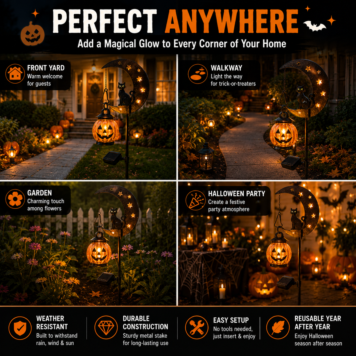 Solar Black Cat & Pumpkin Moon Stake Light