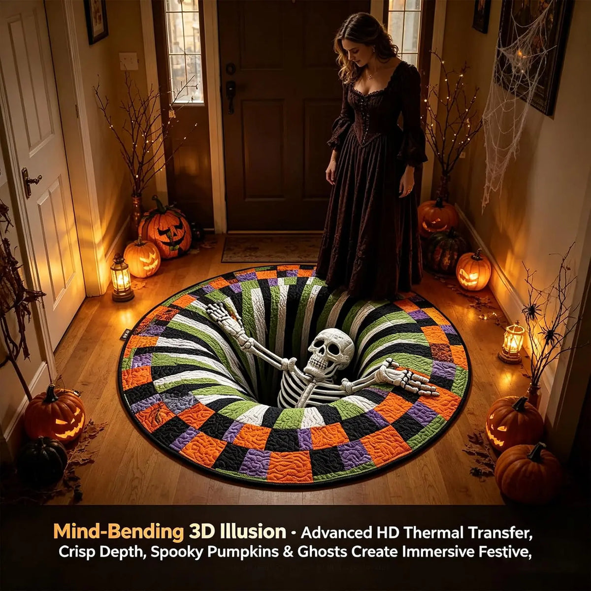 3D Skeleton Vortex Quilted Round Halloween Rug