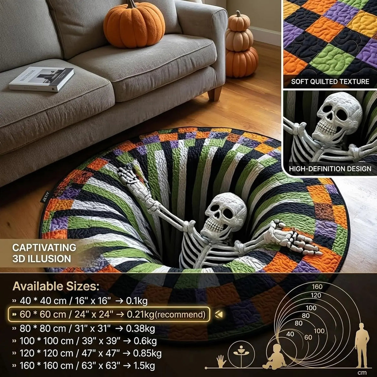 3D Skeleton Vortex Quilted Round Halloween Rug