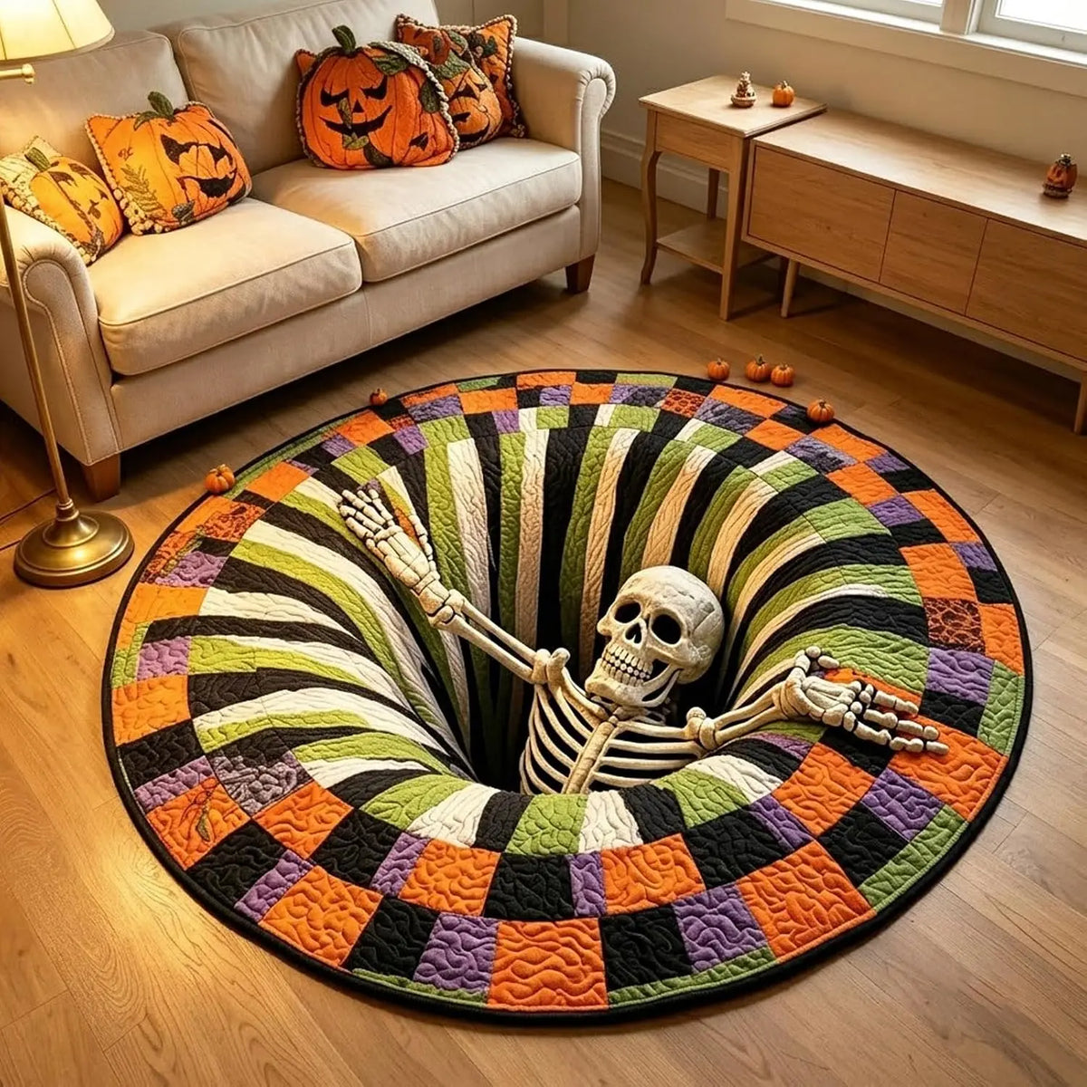 3D Skeleton Vortex Quilted Round Halloween Rug