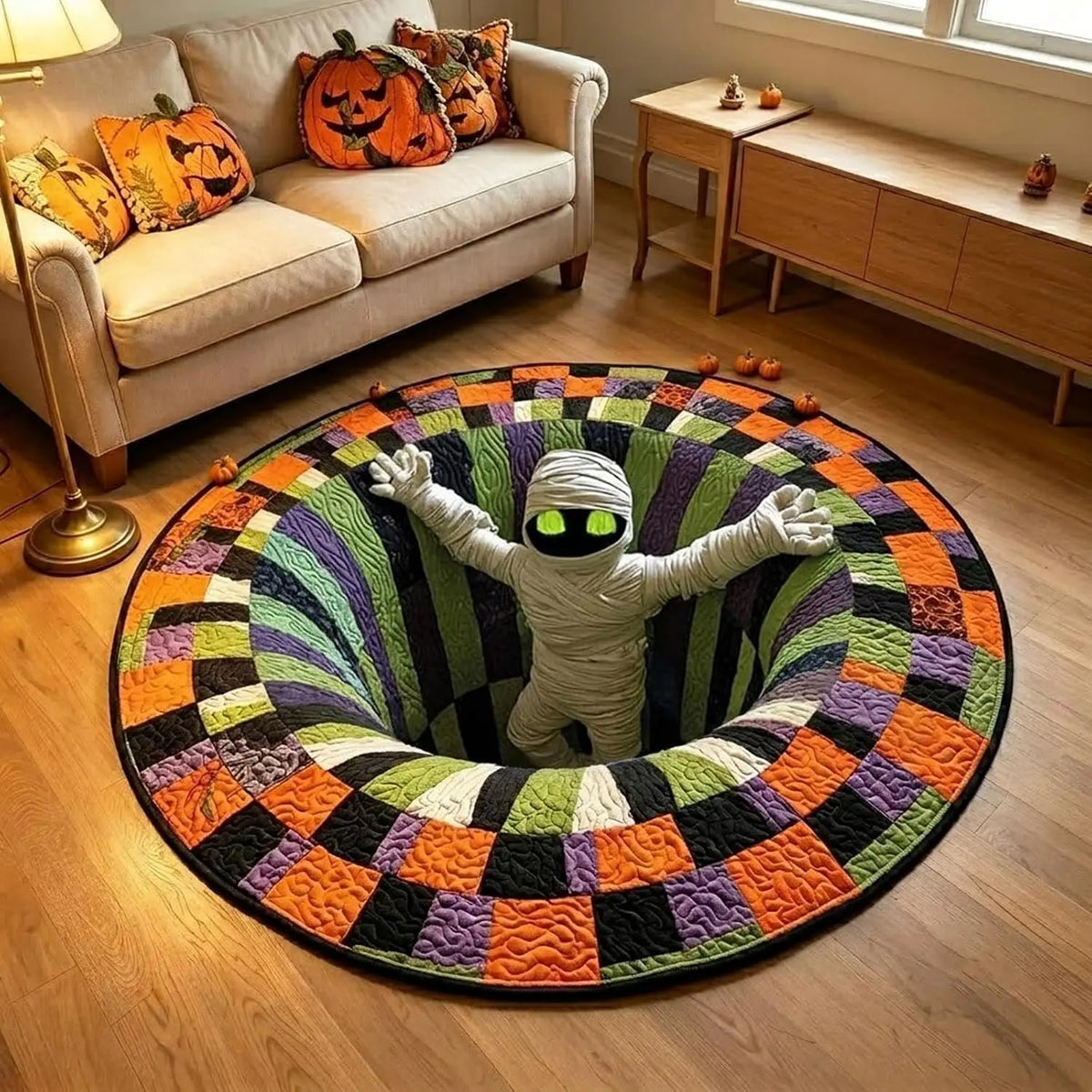 3D Skeleton Vortex Quilted Round Halloween Rug