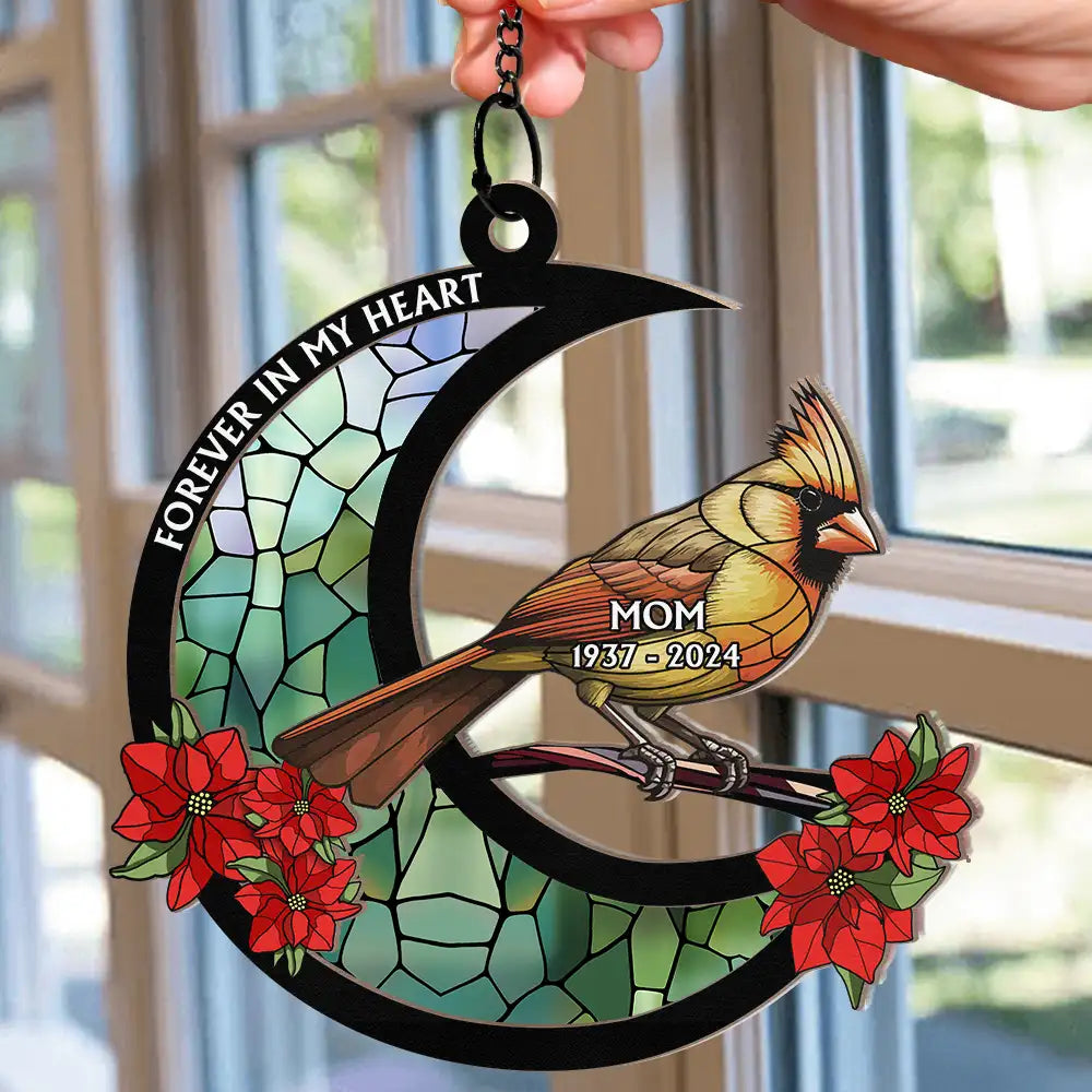 In Loving Memory Cardinal Stained Glass Moon Ornament – Personalized Window Suncatcher
