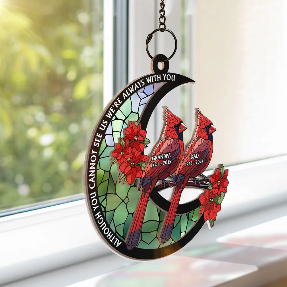 In Loving Memory Cardinal Stained Glass Moon Ornament – Personalized Window Suncatcher