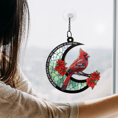 In Loving Memory Cardinal Stained Glass Moon Ornament – Personalized Window Suncatcher