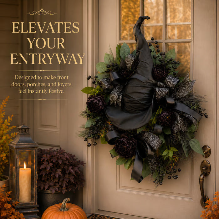 Premium Gothic Black Rose Witch Hat Wreath – Haunting Elegant Halloween Front Door Statement Decor
