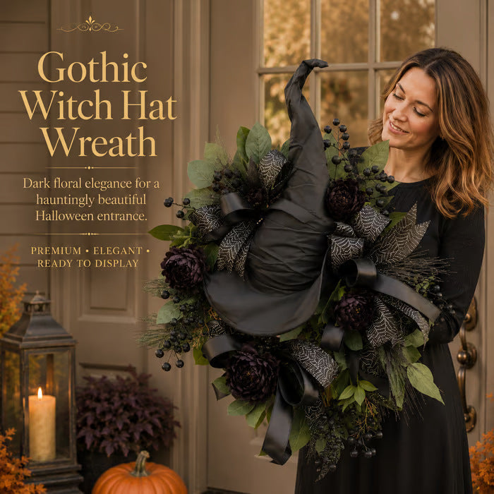 Premium Gothic Black Rose Witch Hat Wreath – Haunting Elegant Halloween Front Door Statement Decor