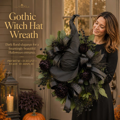 Premium Gothic Black Rose Witch Hat Wreath – Haunting Elegant Halloween Front Door Statement Decor