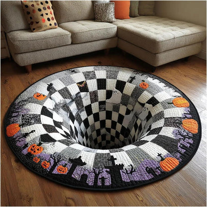 Limited Edition 3D Skeleton Optical Illusion Rug – Quilted Round Halloween Accent