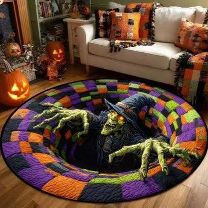 Limited Edition 3D Skeleton Optical Illusion Rug – Quilted Round Halloween Accent