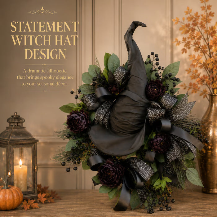 Premium Gothic Black Rose Witch Hat Wreath – Haunting Elegant Halloween Front Door Statement Decor