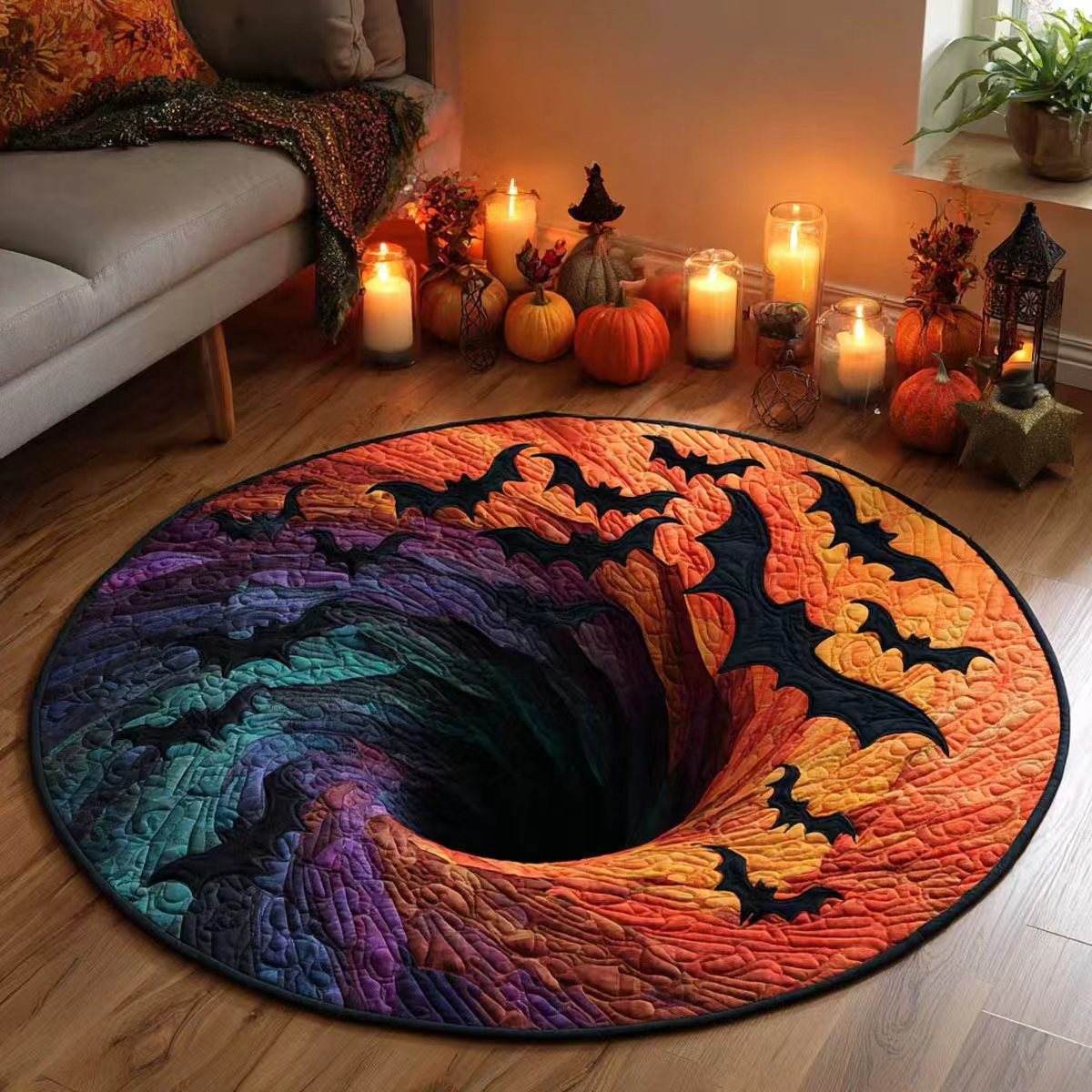 Limited Edition 3D Skeleton Optical Illusion Rug – Quilted Round Halloween Accent