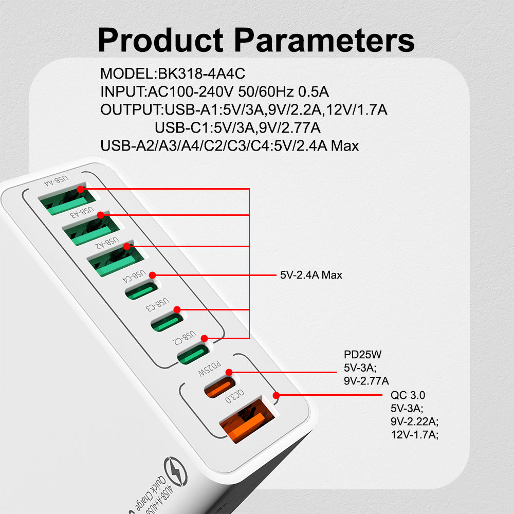 8 in 1 Waterproof Ports USB Fast Charger