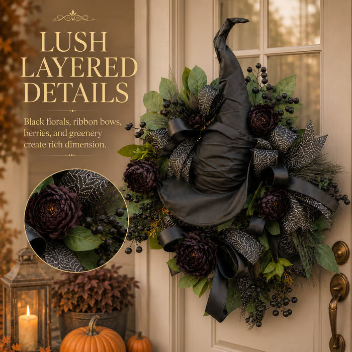 Premium Gothic Black Rose Witch Hat Wreath – Haunting Elegant Halloween Front Door Statement Decor