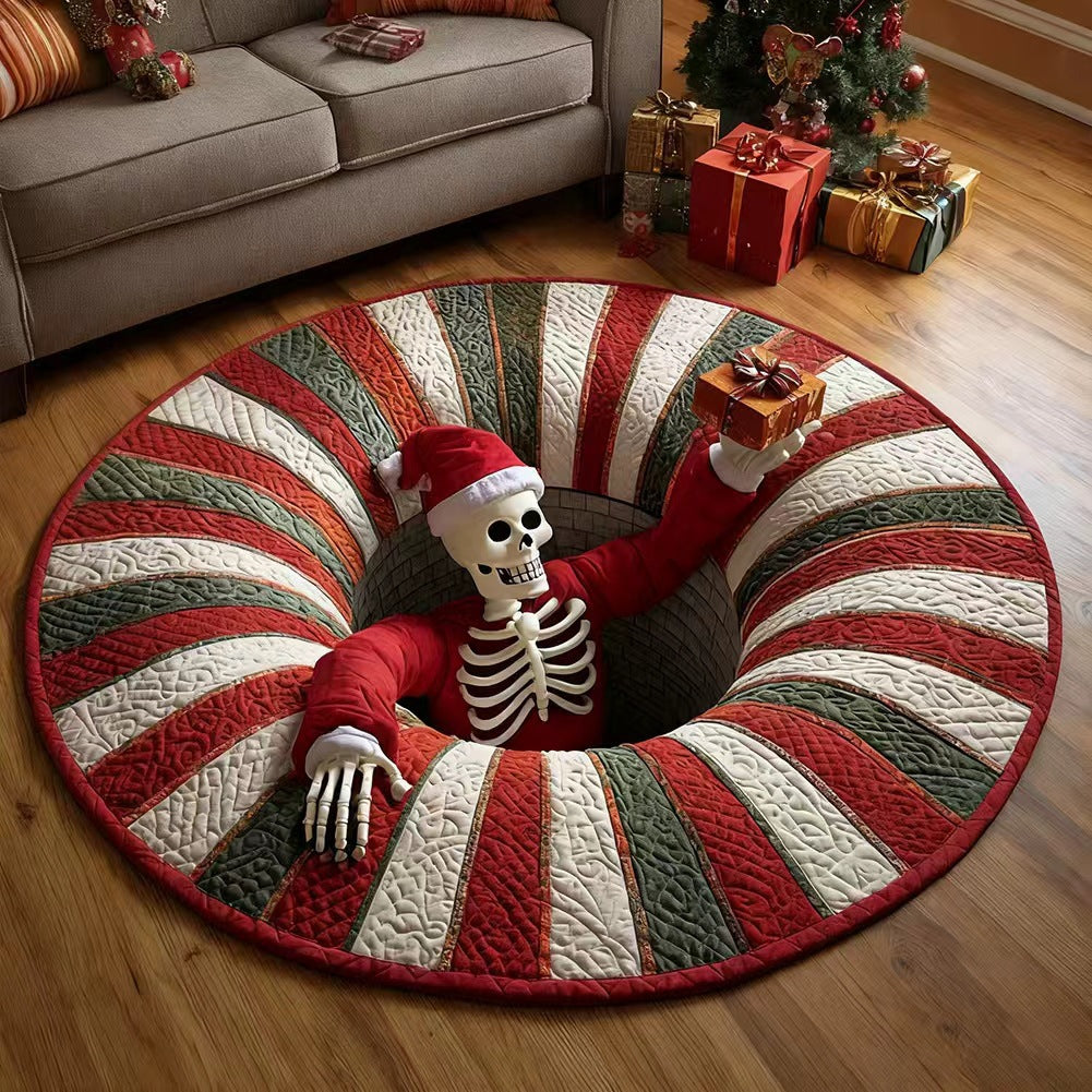 Limited Edition 3D Skeleton Optical Illusion Rug – Quilted Round Halloween Accent