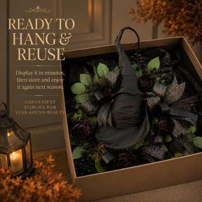 Premium Gothic Black Rose Witch Hat Wreath – Haunting Elegant Halloween Front Door Statement Decor