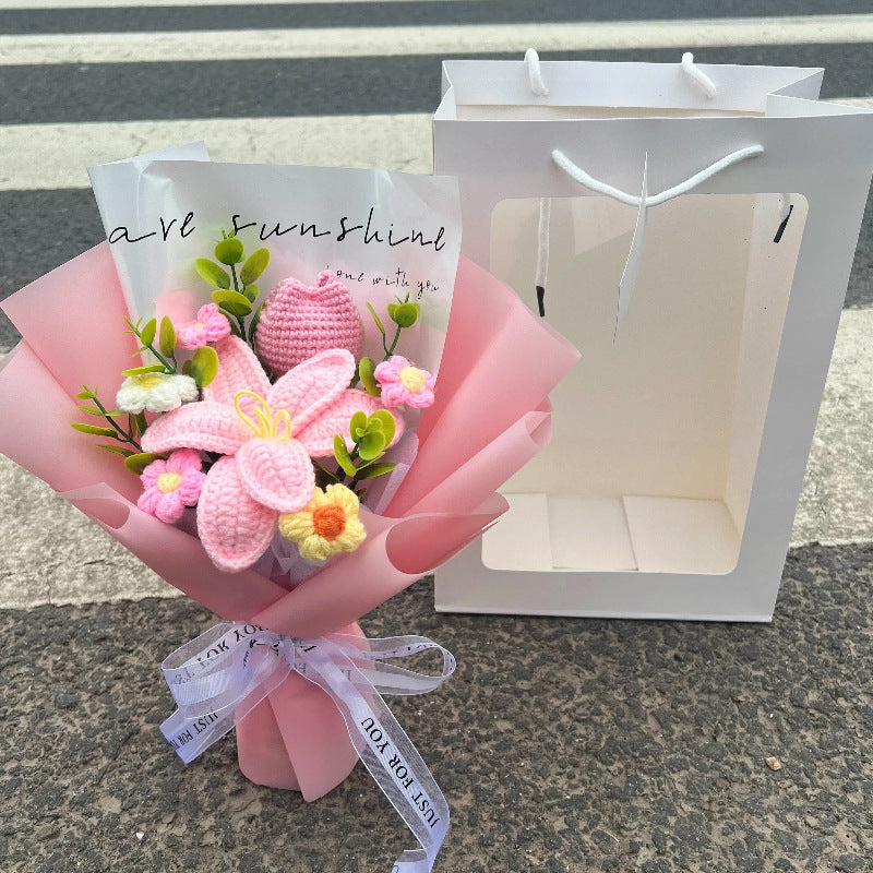 Mother’s Day Gift Pink Crochet Lily Rose Tulip Bouquet