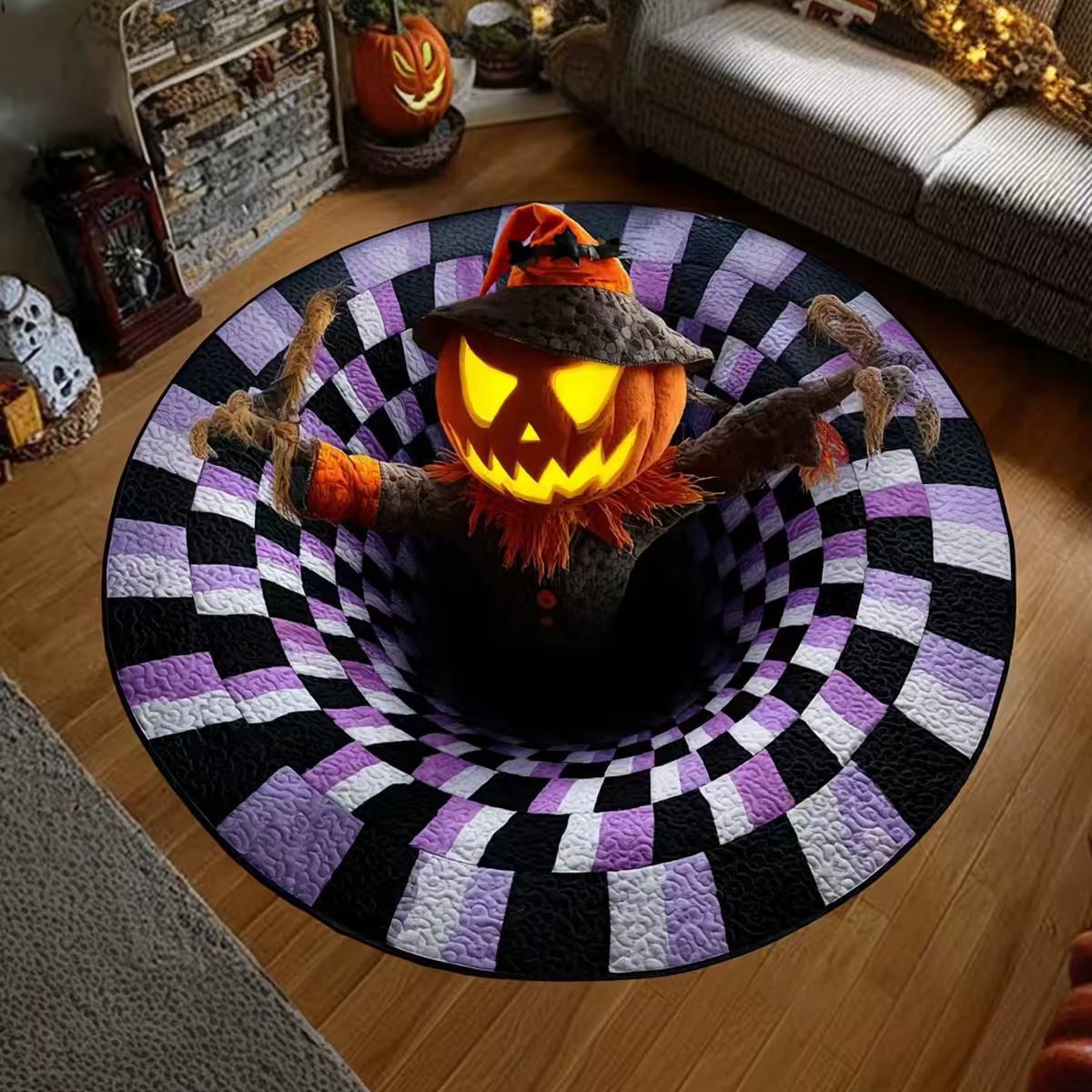 Limited Edition 3D Skeleton Optical Illusion Rug – Quilted Round Halloween Accent