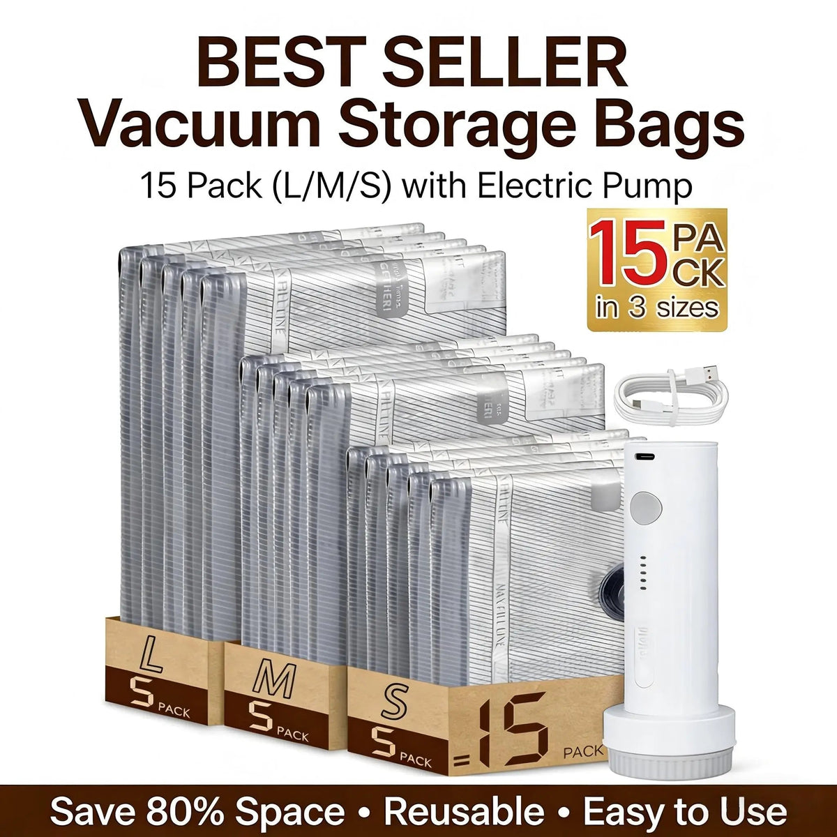 TravelSpace Pro Vacuum Saver Kit – Device + 15 Bags [Full Kit – All Sizes]