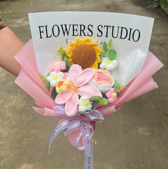 Mother’s Day Gift Pink Crochet Lily Rose Tulip Bouquet