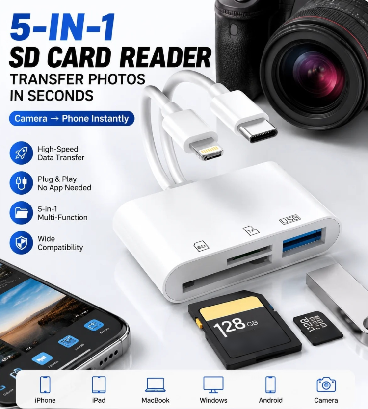 HotLimited-time 50% discount 5-in-1 SD Card Reader for iPhone & USB-C – Fast Photo & Video Transfer Adapter