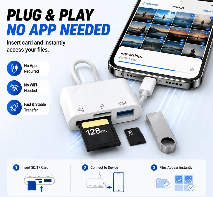 HotLimited-time 50% discount 5-in-1 SD Card Reader for iPhone & USB-C – Fast Photo & Video Transfer Adapter