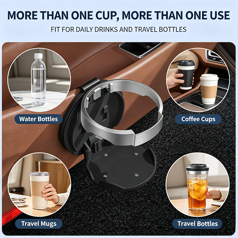 Universal Foldable Car Cup Holder with Hook, Space-Saving Vehicle Drink Holder for Bottles