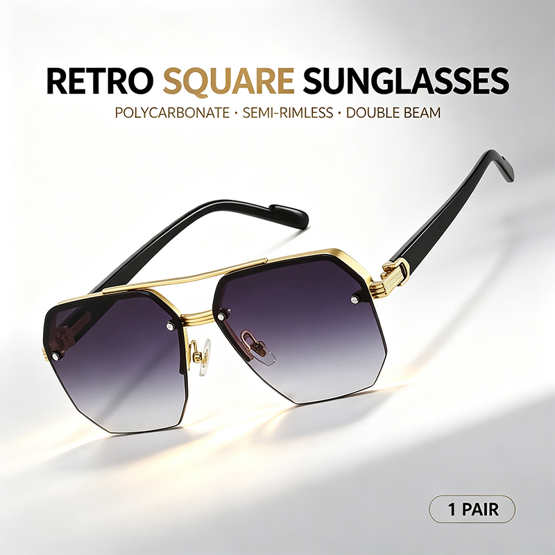 Unisex Retro Square Sunglasses, Polycarbonate Semi-Rimless Double Beam