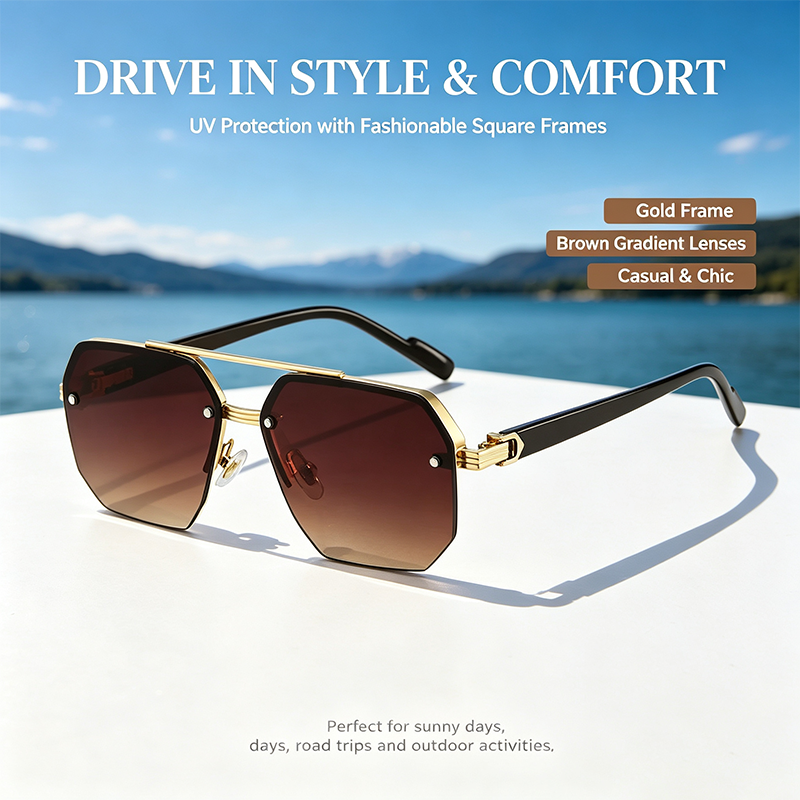 Unisex Retro Square Sunglasses, Polycarbonate Semi-Rimless Double Beam
