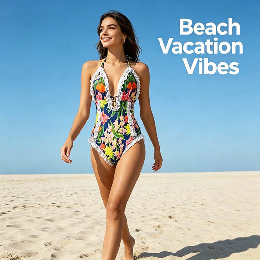 Women's One Piece Halter V-neck Printing Lace Adjustable Back Straps Sexy Swimsuit