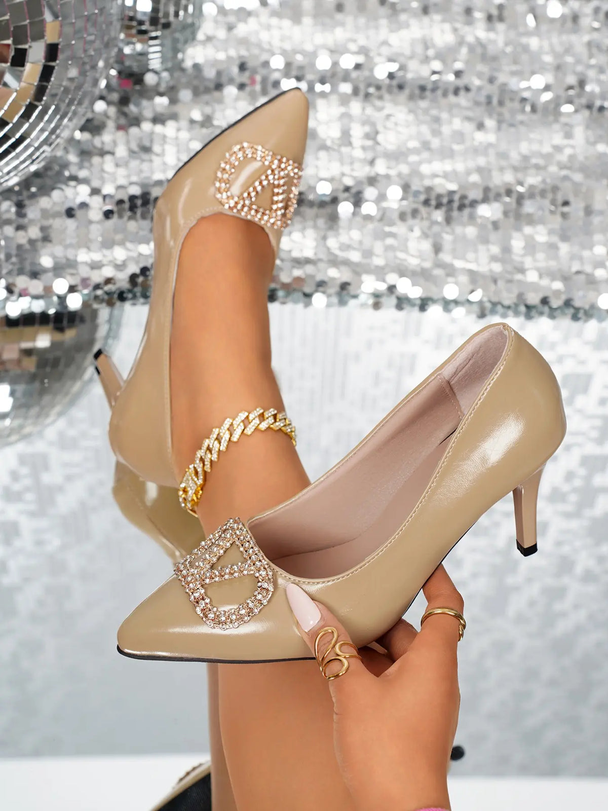 Women's Rhinestone Shoes – Pointed Toe, High Heel, Slip-On