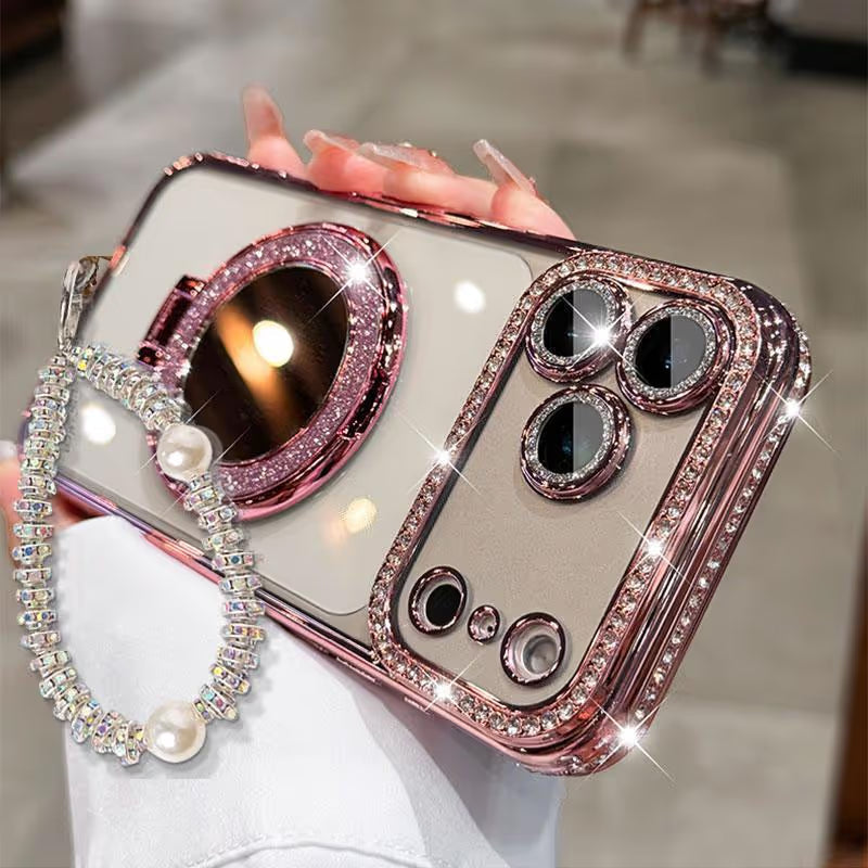 Sparkling Diamond Women's Phone Case with Mirror & Stand for iPhone 12/13/14/15/16/17 Pro Max,17Air,14/15/16 Plus