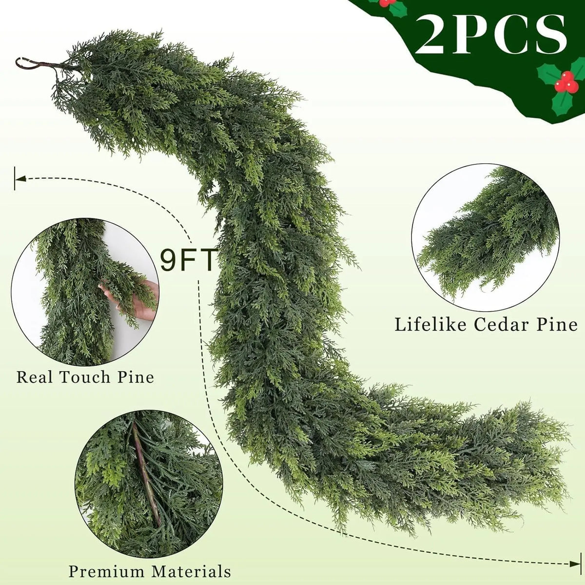 CHRISTMAS FAVORITE | Artificial Cedar Garland 2-Pack – 6 FT Faux Greenery for Mantels, Tables, Stairs & Walls