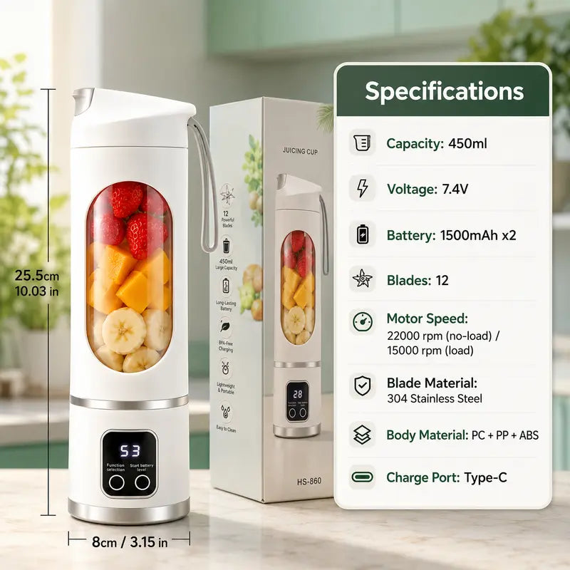 Portable 15.22 Oz USB Rechargeable Personal Blender with LED Display