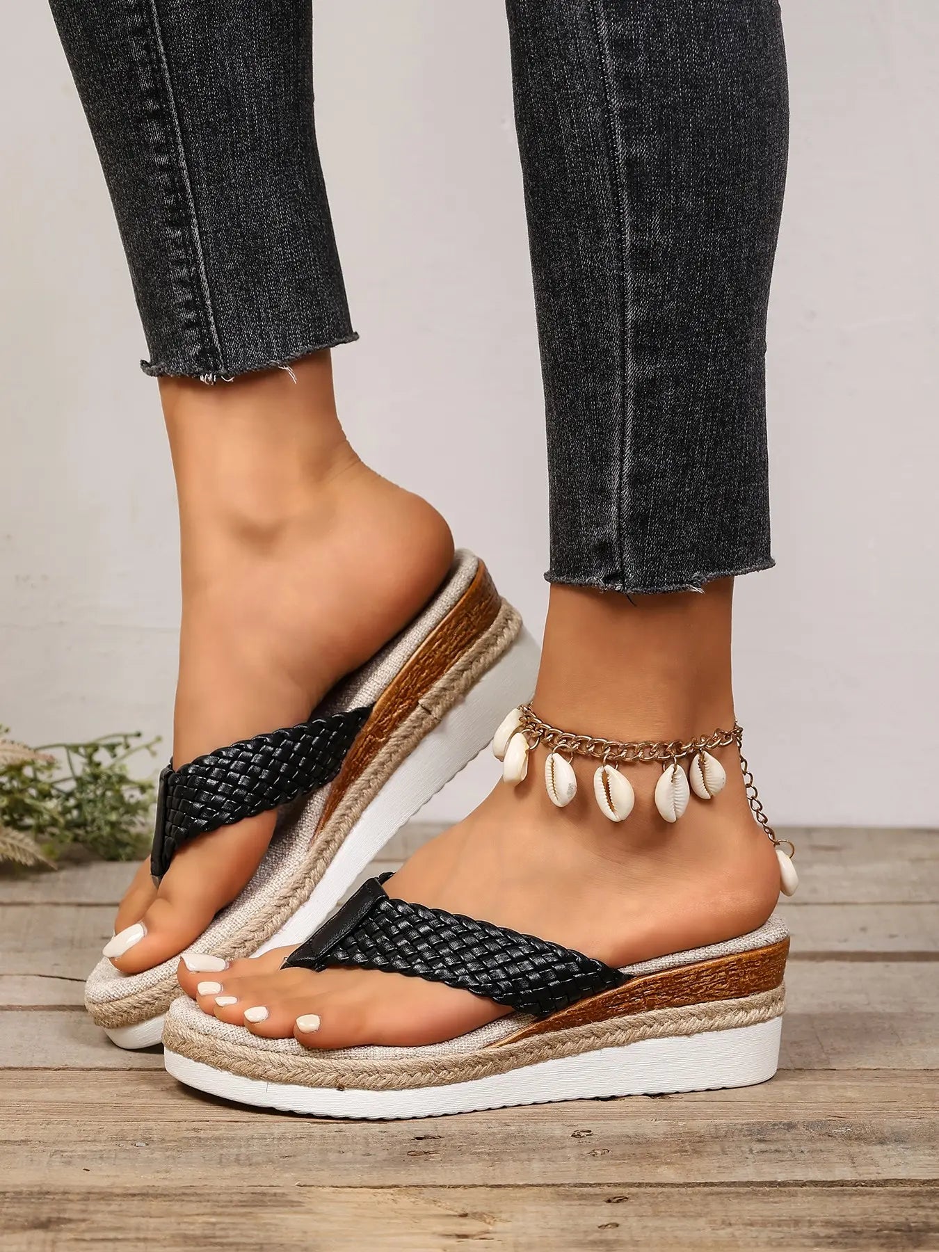 Women's Woven Wedge Sandals – Minimalist, Chunky Sole